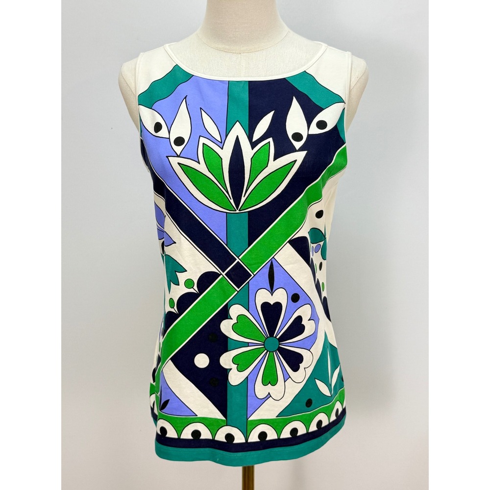 Talbots Geometric Floral Print Sleeveless Shell Top Green Blue White Tank S